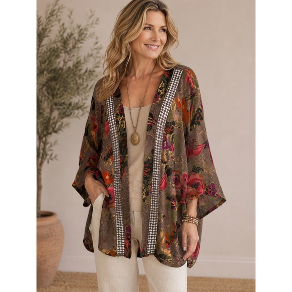 Soft Surroundings Sweaters - Soft Surroundings XL Floral Kimono Cardigan Open Front Crochet Trim Taupe Pink
